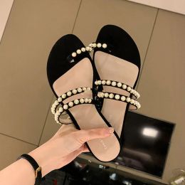 Slippers Temperament Genuine Leather Sandals 2023Summer New Gentle Pearl Nail Women Shoe Sweet Flat Slippers Trend Beach Allmatch Sandals