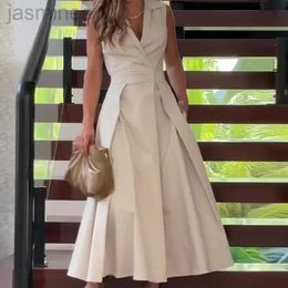 Basic Casual Dresses Colour Single Button Dress Women Blazer Sleeveless Lapel Long Dress Spring Summer Maxi Dresses 240319