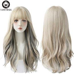 Synthetic Wigs Lace Wigs 7JHH WIGS Long Wavy Curly Black Blonde Hair Highlights Synthetic Blend Wigs With Fluffy Bangs For Womens Daily Wear Four Season 240329