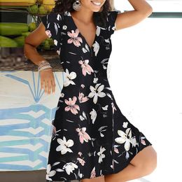 Casual Dresses Female Dress Summer For Women 2024 Deep V Neck Flower Printted Mini Short Sleeves Swing With Back Zipper