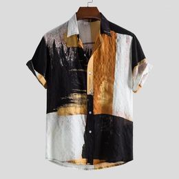 Men's Casual Shirts Summer Patchwork Short Sleeved Single Breasted Shirt Loose And Hawaiian Ethnic Party