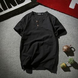 Summer Linen Short Sleeve Tshirt Mens Solid Colour Vneck Half Cotton Casual 240315