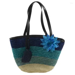 Totes -Knitted Straw Bag Summer Flower Bohemian Fashion Women's Handbags Color Stripes Shoulder Bags Beach Big Tote Bags(Blue)