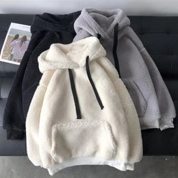 Lamb Wool Hoodies Autumn Winter Korean Style Loose Hooded Sweatshirts Long Sleeve Pullover Patch Pocket Warm Jacket 240312