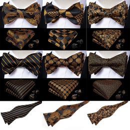 Self Tie Bow Handkerchief Cufflinks Set Fashion Black Gold Mens Silk Butterfly Bowknot Formal Wedding Party Cravat DiBanGu 240315