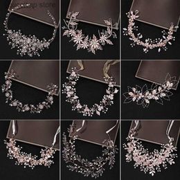 Tiaras Rose Gold Wedding Hair Accessories Crystal Pearl Flower Headdress Bridal Hair Jewelry Handmade Ladies Prom Tiara Jewelry Crowns Y240319