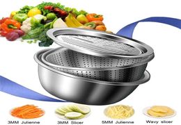 LMETJMA 3 in 1 Slicer Cutter Drain Basket Stainless Steel Vegetable Julienne Grater Salad Maker Bowl KC0410 2011304664774