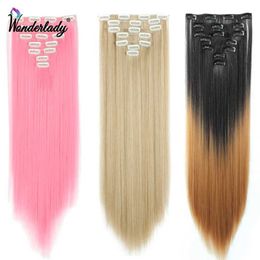 Synthetic Wigs WonderLady Synthetic Clip On Hair 7Pcs/Set 22 130G Pink Fake Hairpiece 16 Clip In Long Straight Ombre Hair For Women 240329