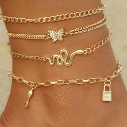 Bohemia Gold Colour Snake Ankle Bracelet Set for Women Butterfly Key Lock Charm Anklet Chain on Leg Boho Jewellery Gift