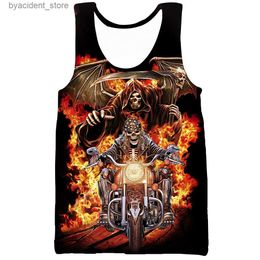 Men's Tank Tops New 3D Print Causal Clothing Fire Burning Skull Motorcycle Fashion Men Women Vest Size S-5XL Mesh Top L240319