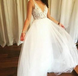 Double Vneck Wedding Dress Off the shoulder Back Lace up Beach Boho Bride Gown Aline vestido de noiva Customized4632994