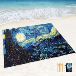 Mat Van Gogh Oil Painting Large Sand Poof Beach Blanket with Corner Pockets and Mesh Bag for Beach Party,Travel,Camping,Light Weight