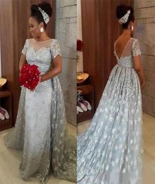 Plus Size Silver Bridal Dresses With Short Sleeves Lace Sexy Backless Detachable Train Arabic Formal Wedding Gowns8653700