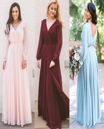 Autumn Wedding Long Sleeve Chiffon Bridesmaid Dresses V Neck Long Custom Made Maid of Honour Dress Party Wear Plus Size BM02388025877