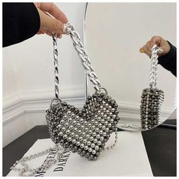Hip Shoulder Bags Mini Womens Beaded Heart Handbag Summer Designer Bag Dinner Bag Chain Strap Diagonal Straddle One 240311