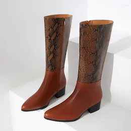 Boots Knee High Men With Heels Autumn Luxury Genuine Leather Fashion Snake Pattern Winter Warm Shoes For Male Brown Zipper