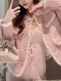 Women's Jackets Pink Elegant Vintage Fur Jacket Women Fashion Sweet Loose Office Coat Female Korean Designer Casual Streetwear Clothes 2024