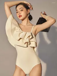 Fashion Solid Colour Ruffle One Piece Swimsuit Women Elegant Shoulder Beach Swimwear Monokini Bikini Luxury Bathing Suit 2024