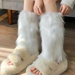 Women Socks Goth Girl Black Punk Knee-length Faux White Boot Solid Sock Y2K Warm Fashion Hiphop Fur Covers Plush