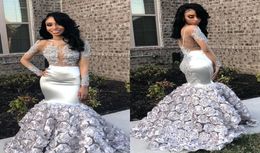 Sexy Silver See Through Prom Dresses Lace Appliqued Illusion Long Sleeve Beaded Satin Mermaid 3D Rose Flowers Prom Evening Wear Go7138701