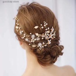 Tiaras Pearl Rhinestone Flower Bride Headband Wedding Hair Jewellery Gold Leaf With Rhinestone Flower Hair Bands Wedding Hair Ornaments Y240320