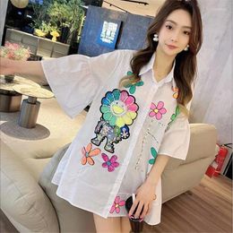 Women's Blouses Fashion Design Sequins Flower Black White Fushcia Long Shirt Embroidery Cartoon Doll Blouse Half Sleeve Loose Oversize Top
