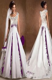 Purple And White Wedding Dress A Line Satin Lace Embroidery Court Train 2019 Luxury Capped Sleeves Scoop Bridal Wedding Gowns4481660