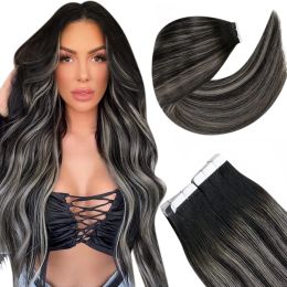Extensions Full Shine Tape in Human Hair Extensions Ombre Natural Black to Silver Grey Real Human Hair Extensions 50g Women Straight