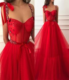 Spaghetti Strips ALine Red Prom Dresses Lace Appliques Beaded Crystal Long Tulle Women Special Occasion Party Gowns Evening Dress6516482