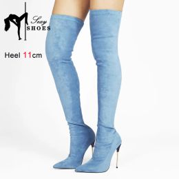 Boots Women Pointed Toe Over The Knee Boots Blue Suede Large Size High Heels Autumn Party Female Shoes Nightclub Slim Thigh High Boots