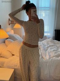 Women's Sleepwear Combhasaki Women Y2K 2 Pieces Pyjama Set Long Sleeve Crop Tops + Elastic Wide Leg Pants for Loungewear Aesthetic Soft SleepwearC24319