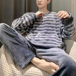 Men's Sleepwear 2 Pcs/Set Men Autumn Winter Pyjamas Set Striped Round Neck Long Sleeve Thick Warm Elastic Waist Homewear