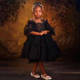 2024 African Flower Girl Dresses Communion Dress Jewel Knee Length Tiered Tulle Ball Gowns Queen Birthday Dress Appliqued Lace Beaded For Nigeria Black Girls NF128