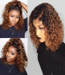 Ombre Short Bob Wig Brazilian Human Hair 1B27 Color Kinky Curly Synthetic Lace Front Wigs Baby Pre Plucked8990143