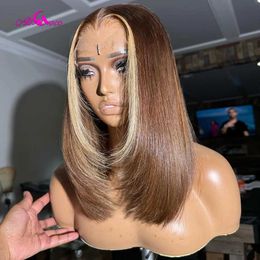 Synthetic Wigs Brown Blonde Short Straight Bob Human Hair Wigs Pre-Plucked With Baby Hair Honey Blonde Colored Lace Frontal Wig For Women 240329