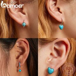 Stud BAMOER Silver Turquoise Stud Earrings for Women 925 Sterling Silver Heart Ear Buckle Square Pattern Hoop Earrings Gift JewelryC24319