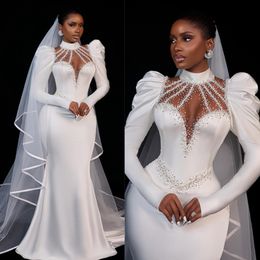 2024 Mermaid Dress Bride Plus Size Ilusão de mangas compridas Halteres de pescoço de noiva Alto Vestidos de noiva de miçangas para mulheres negras africanas