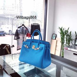 Genuine Leather Handbag BK L Sky Blue Lychee Pattern Head Layer Cattle Leather Womens Bag Bright Soft Leather Handbag One Shoulder Messenger Bag