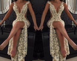 Lace Deep V Neck Evening Gowns Sparkly Beaded Sheer Backless Mermaid Prom Dresses See Through Sweep Train Party Vestidos Custom Ma8837110
