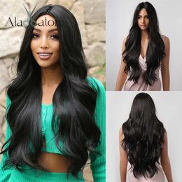 Synthetic Wigs Cosplay Wigs ALAN EATON Black Long Body Wavy Synthetic Wigs for Women Afro Black Hair Wigs Natural Middle Part Heat Resistant Fibre Daily Use 240327