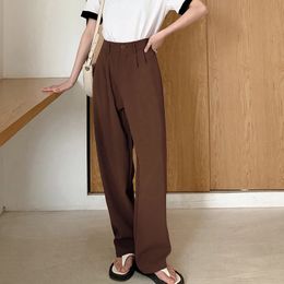 Women Fashion Pleated Suit Pants Causal Simple Button Design Wide Leg High Waist Straight Harajuku Office Lady Trousers 240319