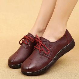 Shoes Fashion Leather Sneakers Woman Mom Concise Flat Loafers Soft Sole Lace Up Wedge Flats Female Shoes for Women Black Footwear