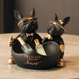 Lovers Bulldog Statue with Bowl Storage Box For Keys Jewellery French Bulldog Figurine Resin Home Decor Table Decoration Sulpture 240312