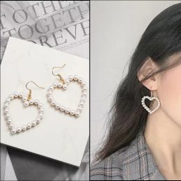 Takı Vintage Pearl Love Heart Heart Dangle 14K Sarı Altın Küpe Kadınlar İçin Zarif Moda Çekici Tatlı Küpeler Noel Hediyeleri