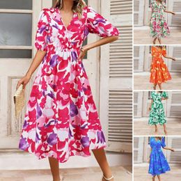 Casual Dresses Short Sleeve Midi Dress Bohemian Floral Print With Elastic Waist V Neck For Women A-line Big Swing Style Summer