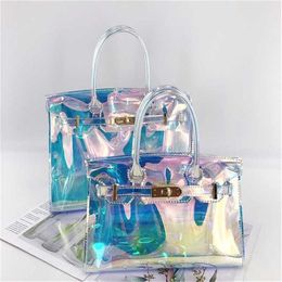 Top Shoulder Bags Jelly Transparent Designer Handbag Laser Colourful Tote Bag High Quality Pvc Oblique Straddle Womens Beach Bag Handbags 240311