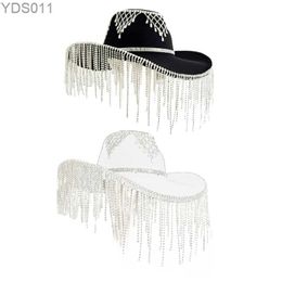 Wide Brim Hats Bucket Fashion Rhinestones Tassels Hat for Women Musical Festival Cowgirl Large Female Birde PartyWear Drop Shipping 240319