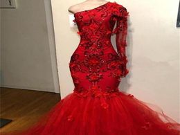 2020 New Red One Shoulder Long Illusion Sleeve Mermaid Evening Dresses Crystal Beaded 3D Floral Appliqued Tulle Party Dresses8654829