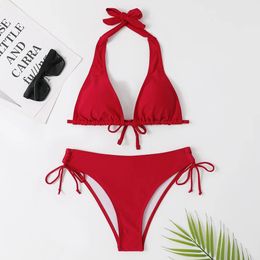 2018 sexy suspender bikini swimsuit low waisted black/red/rose beach swimsuit cheap bandage Brazilian swimsuit two pieces for sale 240319