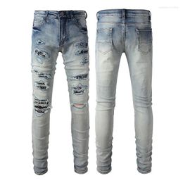 Men's Jeans High Street Cotton Luxury Broken Hole Solid Color Denim Male Pants Fashion Slim Fit Party Casual Man Trousers